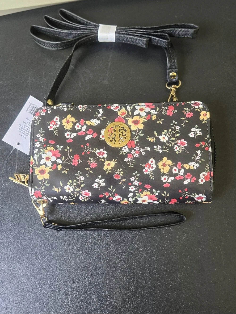 Black Floral Crossbody Bag with Gold Accent